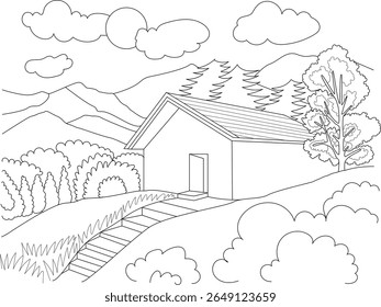 Scenic mountain home sketch, a tranquil line art illustration featuring a house amidst peaks, trees, and clouds for coloring.