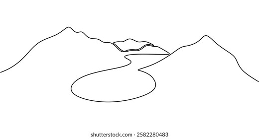 Scenic mountain with a lake in continuous line drawing. Concept of wilderness, relaxation, and natural beauty. Vector illustration hand drawn.