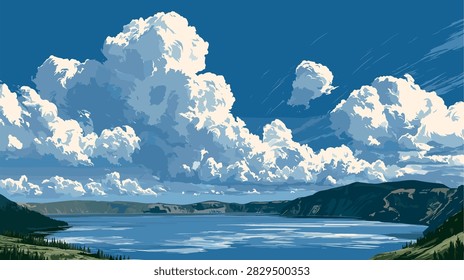 Scenic Mountain Lake with Dramatic Clouds Vector Illustration