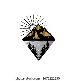 A scenic mountain and lake vector logo design featuring peaceful reflections and natural landscapes. Ideal for travel agencies, outdoor brands, campsites, eco resorts, and wilderness-focused marketing
