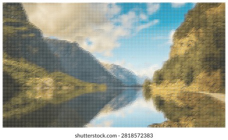 Scenic mountain landscape with blue sky and mirror reflection on still lake water, artistic halftone dot style vector graphic for travel background.