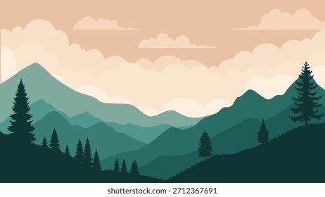 Paisagem montanhosa cênica com coníferas. Linda paisagem de montanhas, floresta de coníferas, árvores e nuvens ao nascer ou pôr do sol. Ilustração vetorial.