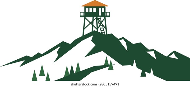 Scenic mountain landscape featuring a lookout tower atop a peak with pine trees below