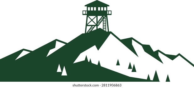 Scenic mountain landscape featuring a watchtower overlooking a serene natural environment