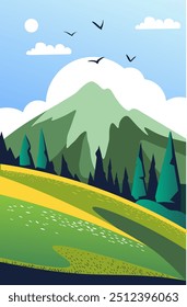 A scenic mountain landscape with hills, trees, and birds in a flat style vector illustration. Suitable for nature-themed designs and outdoor-related projects.