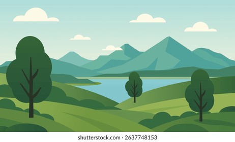 Scenic Mountain Landscape Illustration with Trees, Hills, and Lake - Panoramic Nature Art