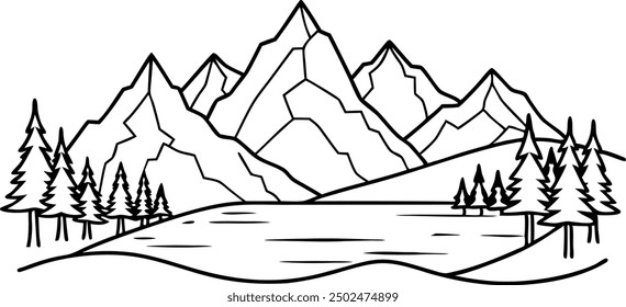 Scenic Mountain Landscape with Pine Trees and Lake Illustration