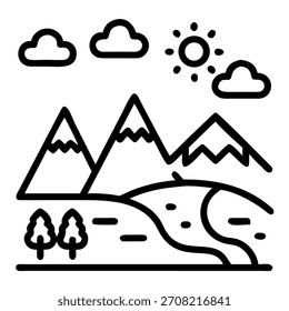 Paisagem de montanha panorâmica com sol, nuvens e rio em um estilo de arte de linha simples