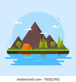 Scenic Mountain Landscape with Tent by Serene Lake in Nature