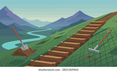 Scenic mountain landscape view featuring a constructed wooden staircase on a grassy hill beside a shovel and a rake on a protective mesh.
