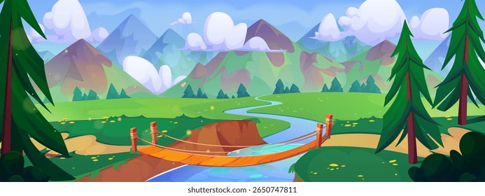 Scenic mountain landscape with wooden hanging bridge crossing blue river - cartoon valley scene with green meadows, pine trees, rocky peaks and fluffy clouds. Adventure game bg for outdoor exploration