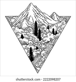 montaña escénica sobre el dibujo de estilo de trabajo negro 