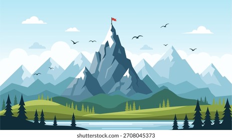 Scenic Mountain Peak Landscape in Flat Vector Style