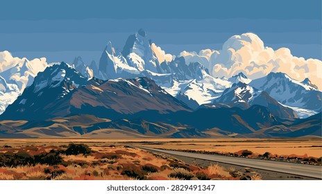 Scenic Mountain Peaks and Road Through a Vast Plain