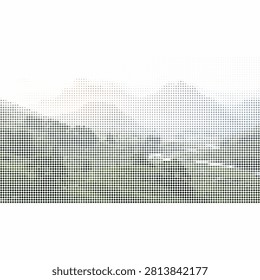 Scenic mountain range landscape shrouded in morning mist and fog presented as creative artistic halftone graphic vector design element for backgrounds.
