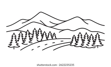 Scenic mountain range with lush trees under a clear blue sky, showcasing the beauty of nature. line art flat vector illustration.