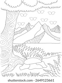Cordilheira cenográfica e elementos da natureza em uma ilustração de contorno monocromático, ideal para expressão artística tranquila.