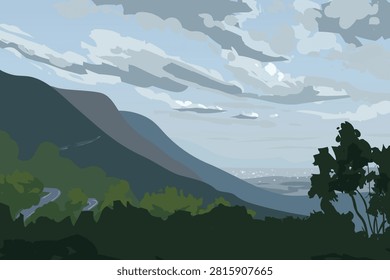 Scenic Mountain Valley with Dramatic Cloudy Sky Stylized Illustration