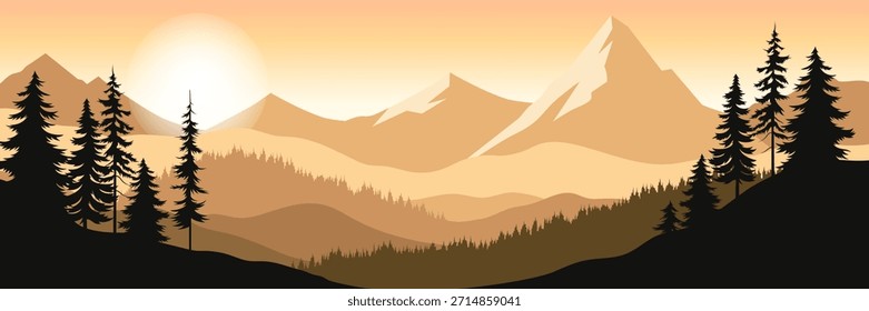 Vista de montanha panorâmica com pinheiros em primeiro plano e colinas em camadas em tons quentes do pôr do sol em um fundo gradiente. Conceito da natureza. Ilustração vetorial