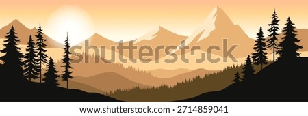 Scenic mountain view with pine trees in the foreground and layered hills in warm sunset tones on a gradient background. Concept of nature. Vector illustration