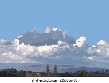 Scenic mountain view under blue cloudy sky. Vector landscape. Horizontal A4 format