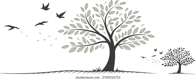Scenic nature composition featuring spreading oak tree with blowing leaves and bird flocks vector illustration art
