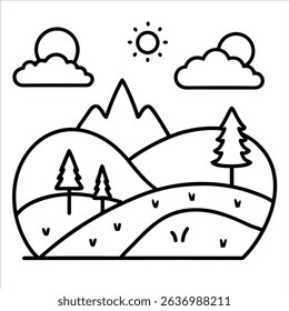 Scenic nature landscape expressed in single line art style tranquil outdoor environment perfect for depicting mountains trees natural views and peaceful countryside art