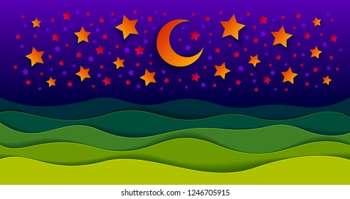 Scenic nature landscape of green grass meadow in the night under shiny moon and stars in midnight sky cartoon paper cut modern style vector illustration.