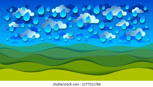 Scenic nature landscape of green grass meadow under rain drops cloudy rainy sky cartoon paper cut modern style vector illustration.