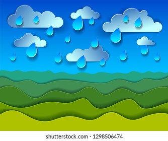 Scenic nature landscape of green grass meadow under rain drops cloudy rainy sky cartoon paper cut modern style vector illustration.