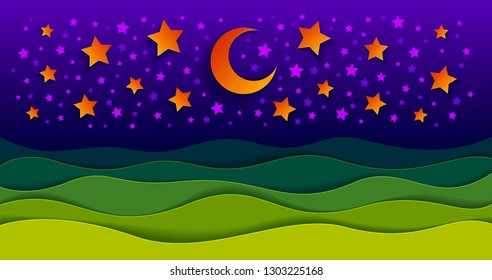 Scenic nature landscape of green grass meadow in the night under shiny moon and stars in midnight sky cartoon paper cut modern style vector illustration.