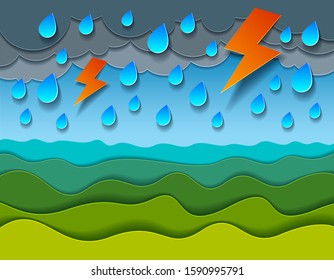 Scenic nature landscape of green grass meadow under thunderstorm and lightning cloudy rainy sky cartoon paper cut modern style vector illustration.