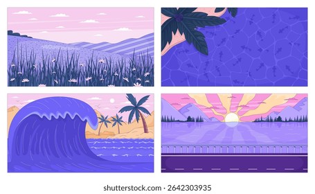 Scenic nature lo-fi flat illustration backgrounds set. Meadow hills, tropical wave, resort pool, mountain lake sunset highway 2D cartoon backdrops. Colorful scenes vector art images collection