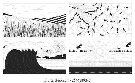 Scenic nature lo-fi line illustration backdrops set. Meadow hills, tropical wave, resort pool top view, mountain lake sunset highway 2D ink outline monochrome backgrounds. Lineart vector collection