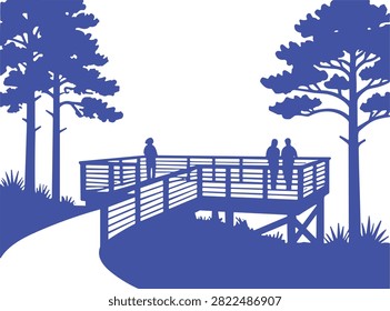 Scenic observation deck silhouette, nature park landscape vector, featuring wooden boardwalk overlook peaceful outdoor viewpoint