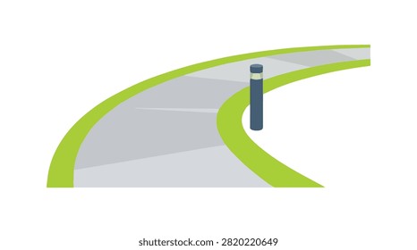 A scenic outdoor landscape featuring a winding road with a grassy verge and a vertical roadside post under bright daylight perfect for travel and nature themes
