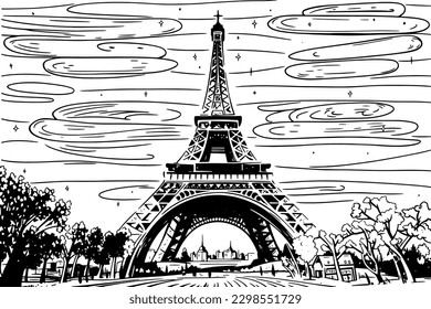 Scenic outdoors at the Eiffel Tower's real-world location with trees, grass, and a magnificent building on a beautiful day