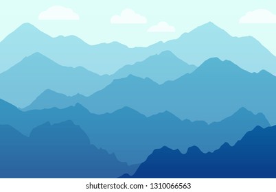 Scenic panorama with Apls for travel web site banner, poster. Vector background illustration of Landscape with blue mountains drawn with many layers.