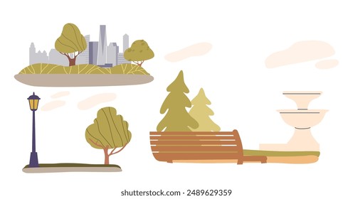 Scenic Park Featuring A Bench, Trees, A Lamp Post, And A Fountain With A Cityscape In The Background Vector Illustration