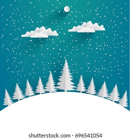 Scenic pine forests in winter. Style art paper and crafts. minimalism and simple design