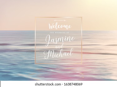 Scenic pink and yellow ocean sunrise view vector design frame. Tranquil costline horizontal panorama card. Idyllic sea in the morning. Wedding invitation landscape template. Elements are editable.