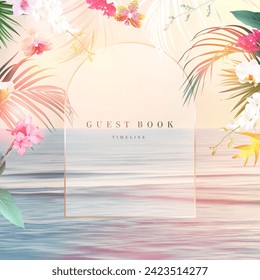 Scenic pink and yellow ocean sunrise view vector design frame. Tranquil costline horizontal panorama card. Idyllic sea in the morning. Wedding invitation landscape template. Elements are editable.