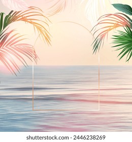 Scenic pink and yellow ocean sunrise view vector design frame. Tranquil costline horizontal panorama card. Idyllic sea in the morning. Wedding invitation landscape template. Elements are editable.