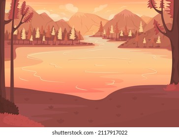 Scenic place for camping flat color vector illustration. National park. Lakefront living. Relaxing with mountains and lake scenery 2D simple cartoon landscape with sunset on background