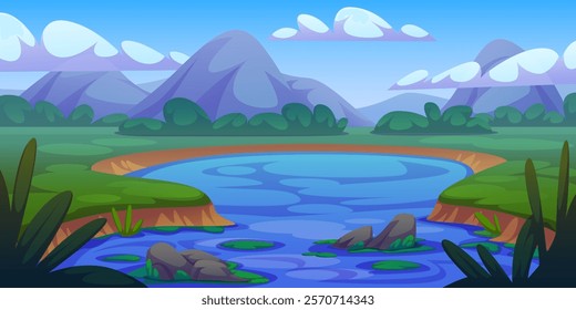 Scenic pond landscape with blue water, mossy rocks surrounded by grassy shores and mountain backdrop. Peaceful natural environment with distant rocky peaks, fluffy clouds and lush vegetation.