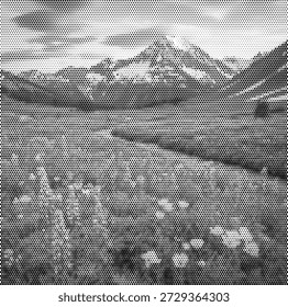 A scenic retro illustration of a mountain range behind a meadow of wildflowers. This landscape design evokes the freshness of spring and summer travel. Perfect for national park brochures, nature travel magazines, botanical garden branding, and eco-tourism ads. The halftone shading adds depth to the peaks and floral details. High-quality vector for vibrant and scenic nature visuals.