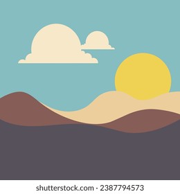 scenic retro nature landscape with hills sun and blue sky flat vector illustration
