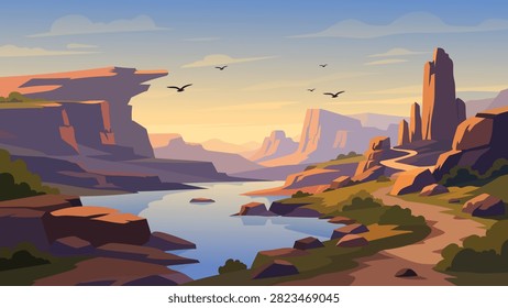 Scenic River Canyon Flat Vector Landscape With Winding Path And Rocky Mountain Cliffs