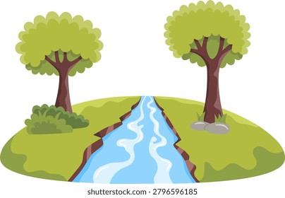 Scenic river flowing between green trees concept