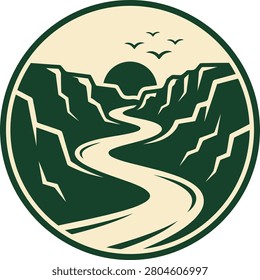 Scenic river winding through rugged mountains with a sunset backdrop and flying birds